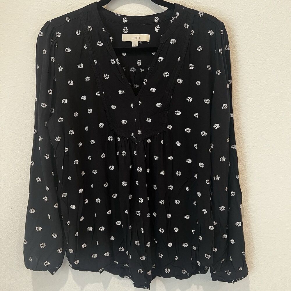 Loft size L black floral long sleeve v neck boho flowy top Cottagecore Peasant